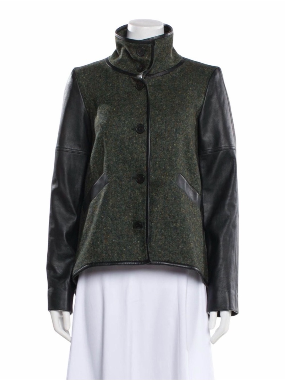10 Crosby Derek Lam Green Wool Body Jacket with Black Leather Sleeves